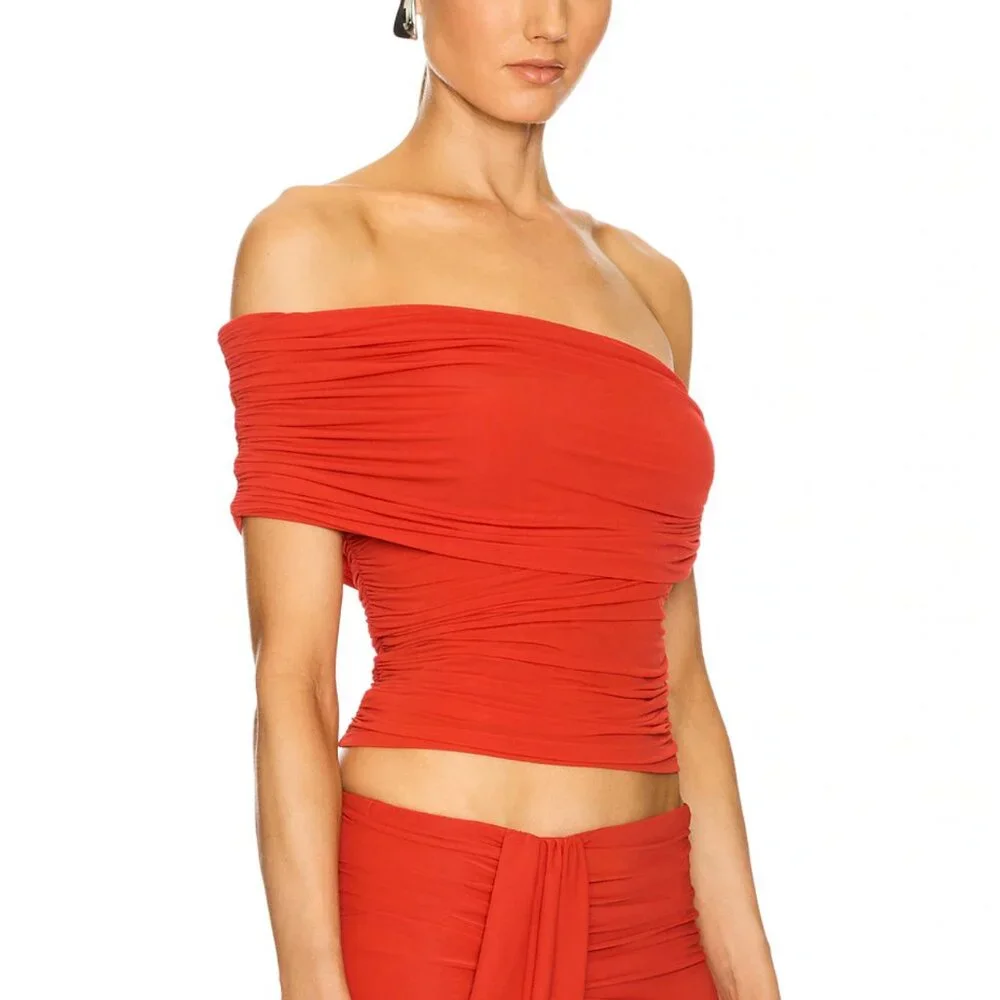 Ronny Kobo Ranada One Shoulder Asymmetrical Red Ruched Top Small NWT - Picture 6 of 8